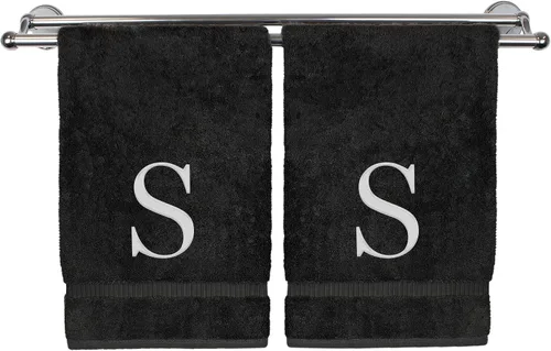 Vista 180 de Toalla de mano monogramada, regalo personalizado, juego de 2 - Toalla bordada con letra de bloque dorada - Extra absorbente 100% algodón turco