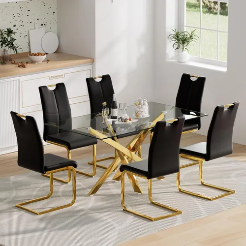 Vista 22 de Juego de mesa de comedor de cristal para 4, juego de mesa de cocina moderno de 5 piezas 52''Rectangular Glass Dining Set with 4 PU Leather