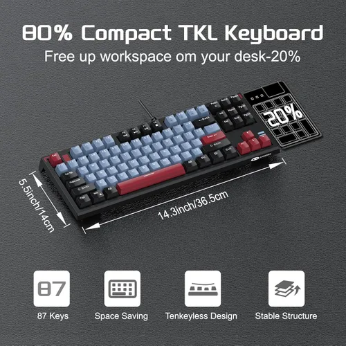 Vista 2 de Teclado mecánico compacto 80% para juegos, teclado mecánico tkl con cable con interruptores marrones, teclado retroiluminado azul hielo 87 teclas