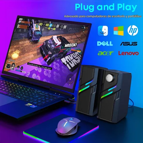 Vista 5 de LENRUE Altavoces de computadora para PC de escritorio con botón fácil, sonido claro y potente, luces táctiles, plug and play para computadora