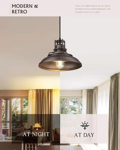 Vista 5 de FEMILA Lámpara Colgante de Granja, Lámpara Colgante Vintage de Granero de 12" para Isla de Cocina, Altura Ajustable, Acabado en Bronce Frotado