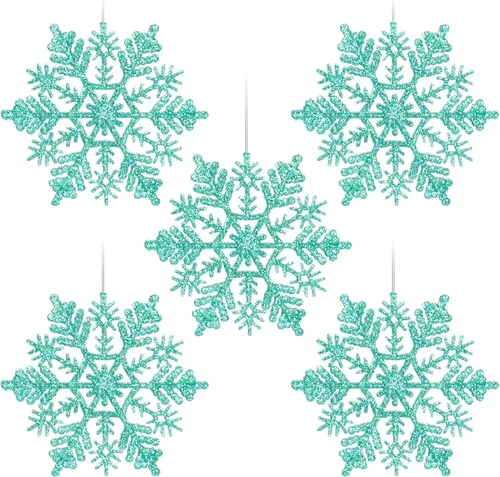 Vista 13 de Paquete de 30 adornos de copo de nieve con purpurina azul, decoraciones de plástico para árbol de Navidad para el país de las maravillas