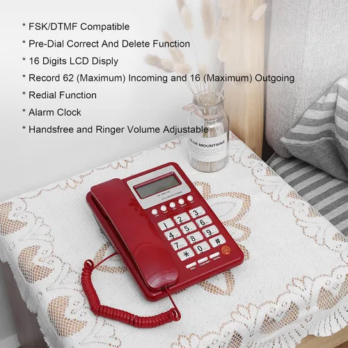 Vista 2 de KXT8001 Teléfono estándar con cable, teléfono fijo rojo con pantalla LCD, teléfono de escritorio para oficina en casa escuela hotel, teléfonos fijos
