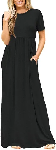 Vista 2 de DEARCASE - Vestido Maxi para Mujer de Manga Corta, Casual de Verano, Holgado, Liso, Cómodo, Vestidos Largos con Bolsillos 1-negro