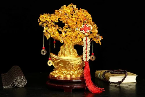 Vista 5 de Árbol del dinero de Feng Shui, árbol de la suerte de cuarzo amarillo, parte inferior con lingote dorado con base de sándalo giratoria, decoración