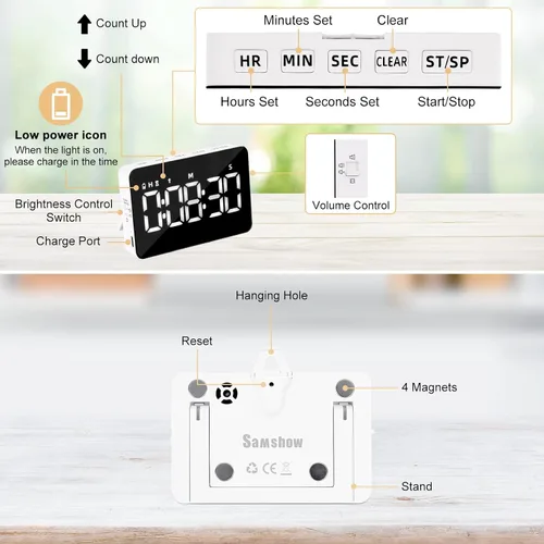 Vista 6 de Temporizador Digital Recargable de Cocina para Cocinar, Temporizadores Magnéticos con Cuenta Regresiva/Progresiva, Temporizador para Niños