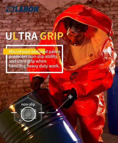 Vista 4 de LANON Guantes de nitrilo resistentes a productos químicos, guantes de goma reutilizables de alta resistencia con palma texturizada de microespuma