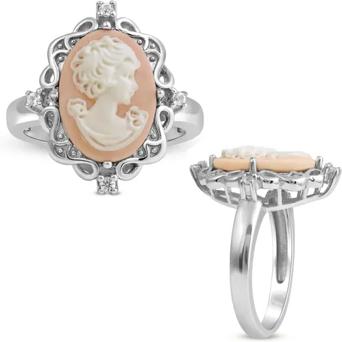 Vista 9 de Jewelili Anillo de plata de ley para mujer, camafeo de ágata rosa o azul y zafiro redondo blanco creado, joyería de lujo, caja de regalo incluida