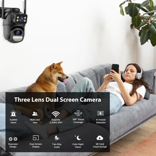 Vista 4 de Cámara de seguridad al aire libre 2.4G WiFi cámaras de seguridad para el hogar al aire libre enlace de doble lente 360° vista con tarjeta SD 128G