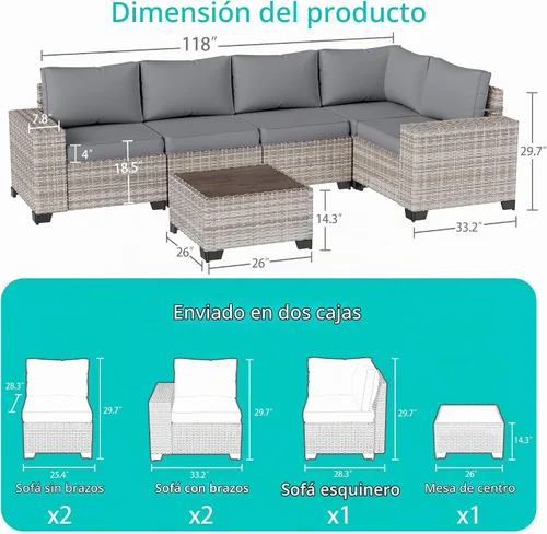 Vista 5 de Muebles de patio al aire libre conjunto PE mimbre ratán al aire libre sofá seccional Gris