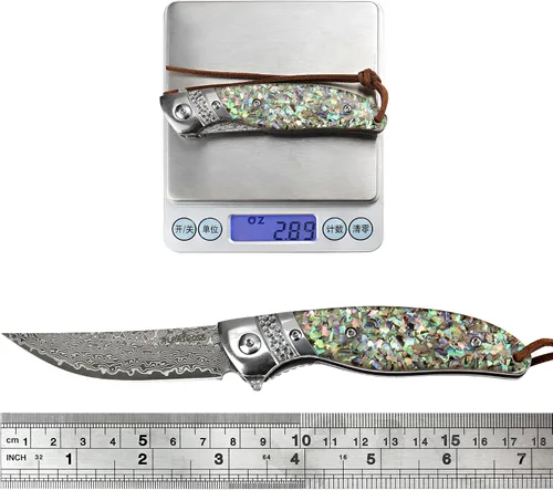 Vista 3 de Albatross Cuchillo de Bolsillo Premium de Damasco - Cuchillo Plegable EDC con Mango de Concha de Abalone, Apertura con Rodamientos de Bola, Sistema