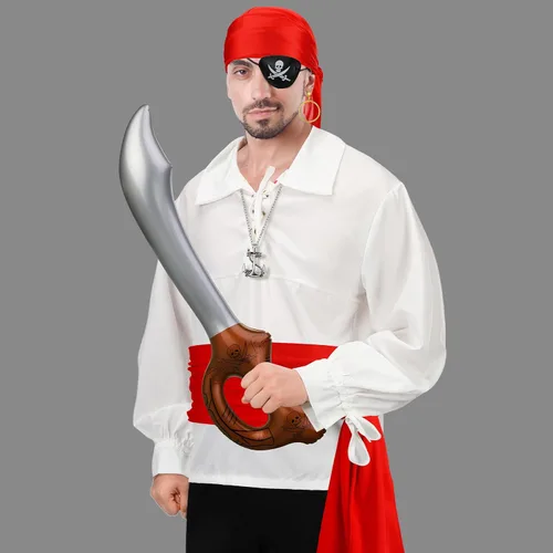 Vista 7 de Juego de 9 piezas de disfraz de pirata para adulto, medieval, renacentista, camisa vikinga, bandana, cinturón y pantalones para Halloween y cosplay