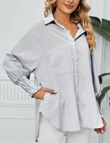 Vista 2 de Camisas a rayas con botones para mujer, blusa elegante con cuello en V y manga larga