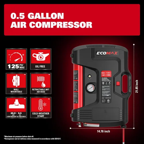 Vista 3 de ECOMAX Compresor de aire de montaje en pared, inflador de neumáticos, compresor de aire portátil, sin aceite, con manguera de aire retráctil de 30