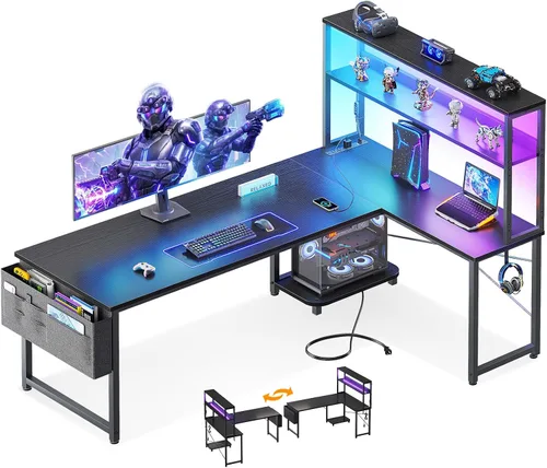 Vista 11 de ODK - Escritorio para juegos en forma de L de 43 pulgadas con estantes, LED y tomacorrientes, color negro