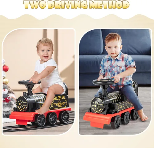Vista 2 de OLAKIDS Kids Ride On Train with Track, 6V Electric Toy with Lights and Sounds, Retractable Footrest, Under Seat Storage, Christmas Theme Battery