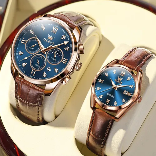 Vista 12 de OLEVS Juego de 2 relojes de cuarzo para parejas de San Valentín, para él y ella, cronógrafo de cuero, con diamantes para hombres, mujeres, amantes