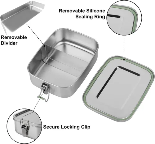 Vista 4 de Arora Lonchera Bento de acero inoxidable – 27.1 fl oz con divisor, 2 compartimentos, recipiente de alimentos ecológico y reciclable, a prueba