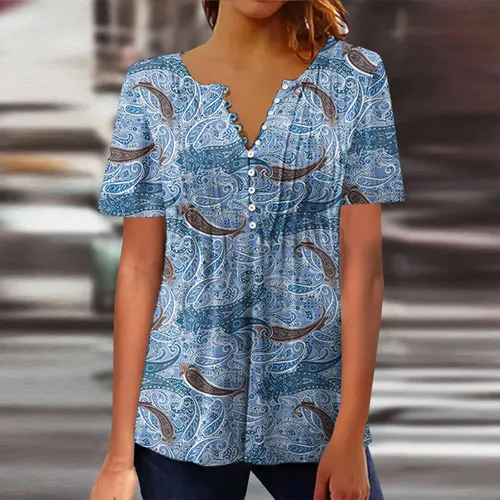 Vista 2 de Womens Vintage Printed Hide Belly Button Henley Tunics Tops Women's Short Sleeve V Neck Flowy Summer Shirts Pullover