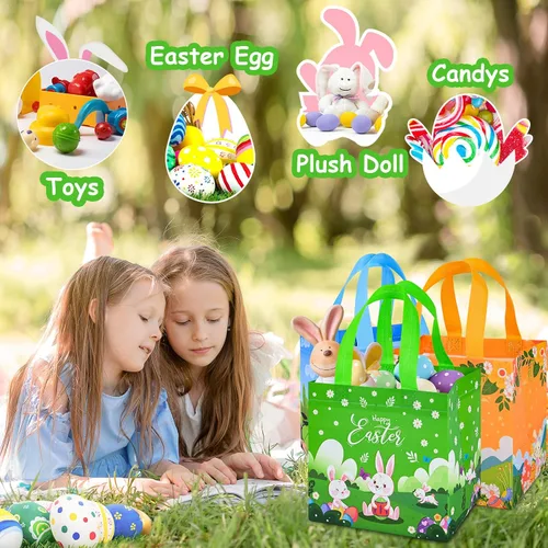 Vista 4 de Iioscre 8 bolsas de regalo de Pascua, cesta de Pascua reutilizable con asas, bolsas de regalo no tejidas para niños, caza de huevos de Pascua