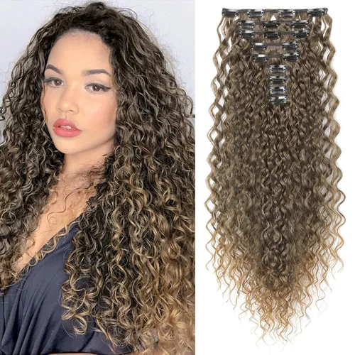 Vista 20 de LONAI Extensión de Cabello, 9 piezas, 56 cm de largo, castaño, extensiones de cabello rizadas con pinza, LN002, extensiones de cabello sintético