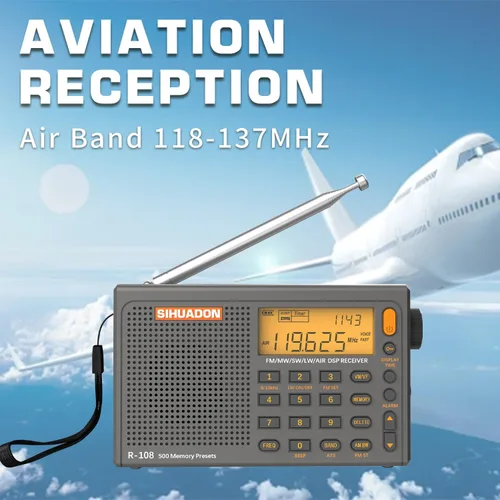 Vista 5 de SIHUADON R-108 Radio portátil AM FM SW LW Airband, pequeña radio de emergencia retro digital funciona con pilas, 5 W, altavoz con alarma