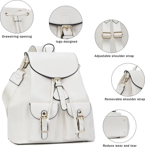 Vista 3 de Chinllo Mochila para mujer, de cuero vegano, a la moda, mochila escolar, diseño multiusos, Solapa blanca, Casual