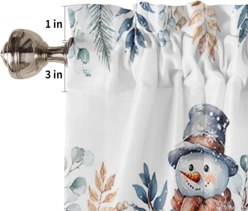Vista 5 de Cenefas de cortina de Navidad con diseño de muñeco de nieve para ventanas, cenefas de ventana de hojas de eucalipto, bolsillo para barra, cortinas
