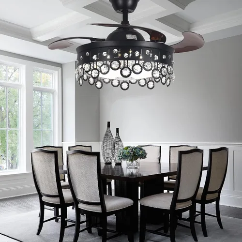 Vista 8 de Fandian Ventilador de techo retráctil con luz, moderno altavoz Bluetooth de 42 pulgadas, regulable, sintonizable, 7 colores, iluminación negra