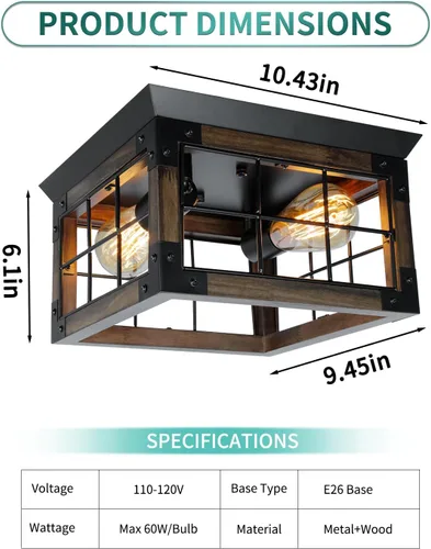 Vista 2 de Lámpara de techo de montaje empotrado estilo granja, 2 luces, lámpara de techo de granja, lámparas de cocina de esquina con enchufe E26, lámparas
