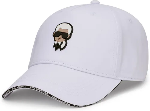 Vista 3 de Karl Lagerfeld Paris Gorra con logotipo de cabeza de carácter Karl de ala de cinta para mujer, Cinta blanca con logotipo