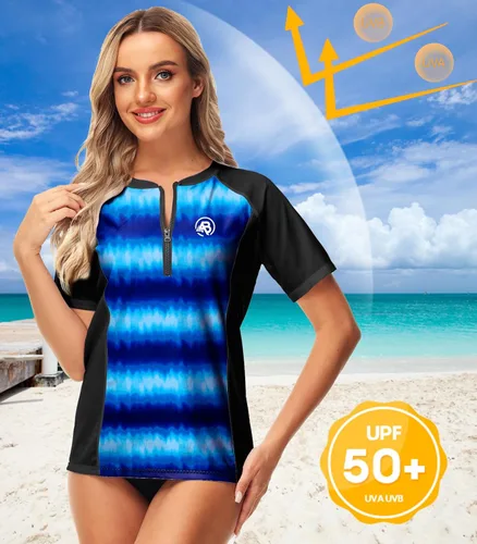 Vista 4 de AOBUTE Women Zip Rash Guard UPF 50+ Gradient Short Sleeve Swim Top Surf Shirts