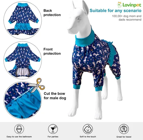 Vista 3 de LovinPet Pijamas Grandes para Perros – Camisa de unicornio para perro, mameluco de recuperación poscirugía, sirenas y unicornios estampado Azul