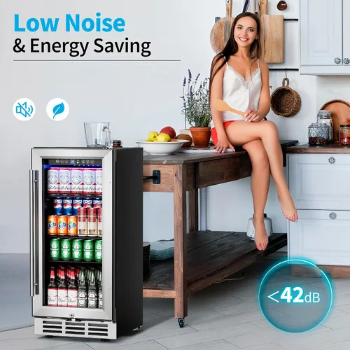 Vista 6 de Feelfunn Refrigerador de bebidas de 15 pulgadas bajo mostrador – Refrigerador de bebidas de 126 latas con puerta de vidrio para cerveza, vino y soda