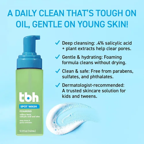 Vista 3 de TBH Kids Spot Foam Face Wash - Limpiador diario suave para preadolescentes y adolescentes - Ácido salicílico y corteza de sauce para pieles grasas