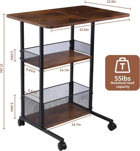 Vista 3 de Mesa auxiliar en forma de C con cesta de almacenamiento, mesa de sofá pequeña con ruedas para sofá reclinable, mesas auxiliares color marrón rústico
