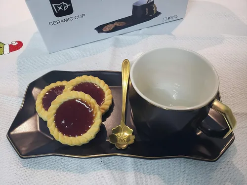 Vista 3 de YAGE Juego de tazas de café de cerámica con cuchara y bandeja, taza de té para bebidas calientes y frías para la oficina y el hogar con platillo
