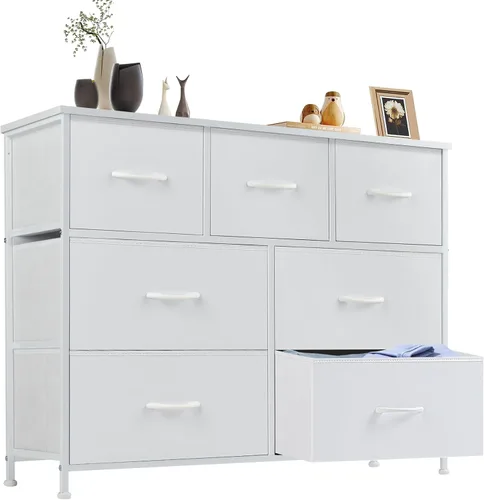 Vista 41 de Sweetcrispy Cómoda para dormitorio, cómoda de tela con 8 cajones, cómoda para armario, sala de estar, marco de acero resistente, parte superior