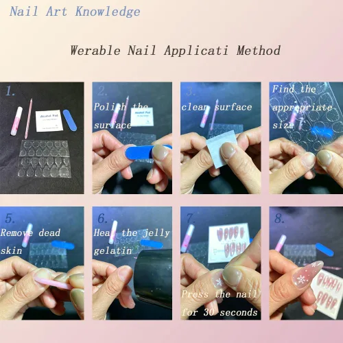 Vista 6 de Uñas postizas a presión medianas con diseño geométrico blanco almendra – 24 uñas postizas reutilizables de ABS brillante, fácil de aplicar, juego