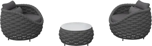 Vista 8 de Juego de muebles de cubierta: 3 piezas de sofá de conversación de patio de cuerda tejida de aluminio para 2, cómodos cojines para sofá y mesa