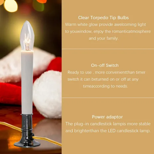Vista 7 de Paquete de 4 Lámparas de Vela Eléctrica para Ventana con Base Chapada en Peltre, Luz de Vela de Ventana de Navidad, Interruptor
