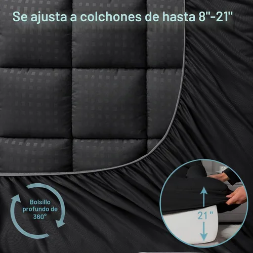 Vista 5 de HYLEORY - Cubrecolchón acolchado de tamaño individual, protector de colchón refrescante, transpirable, suave y esponjoso, con esquinas tipo Negro
