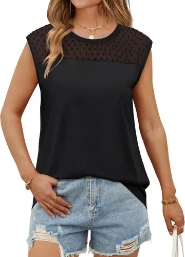 Vista 2 de WIHOLL Camisetas sin mangas para mujer, camisas de manga casquillo de verano con lindo encaje 2024 a la moda