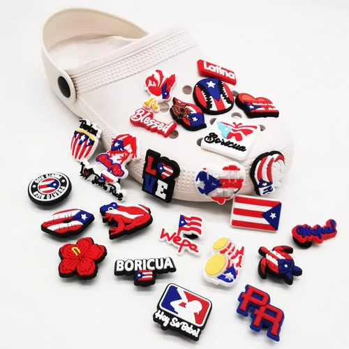 Vista 2 de 25 dijes de Puerto Rico para zapatos, sandalias de burbujas, zuecos, zapatos boricua puertorriqueños para mujeres, hombres, adultos y niñas, rojo