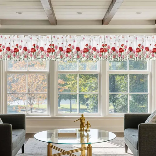 Vista 6 de Cenefa floral para ventanas, cortinas de clavel rojo y rosa, cenefas con bolsillo para barra, cenefa de ventana para primavera, vacaciones, día