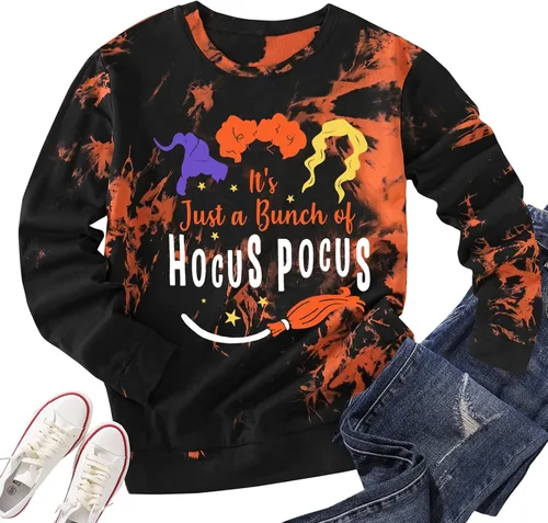 Vista 4 de Sudadera de Halloween para mujer, Sanderson Sisters Pullover Tops Funny Hocus Pocus Graphic Shirt Blusa