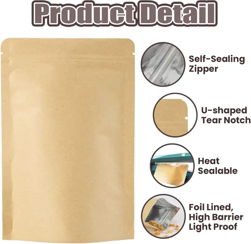 Vista 2 de Muka 50 bolsas de papel kraft para almacenamiento de alimentos, con forro de aluminio, reutilizables, con cierre de cremallera, bolsas de pie, 3.5 x
