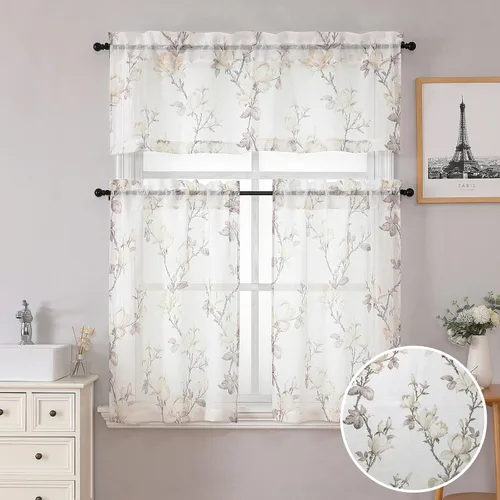 Vista 33 de SMILE WEAVER 2 paneles de cortinas traslúcidas turquesa de 45 pulgadas de largo, para sala de estar, cortinas semitransparentes florales