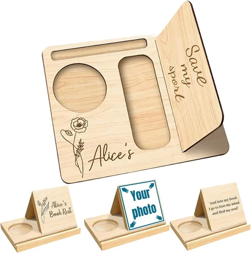 Vista 9 de Soporte triangular de madera personalizado para libros de escritorio personalizado para reposar páginas, texto grabado, estantería de roble sólido