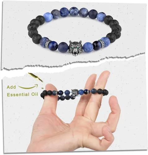 Vista 2 de Karseer - Pulsera amuleto de abalorios con cabeza de lobo vikinga para aliviar estrés y ansiedad